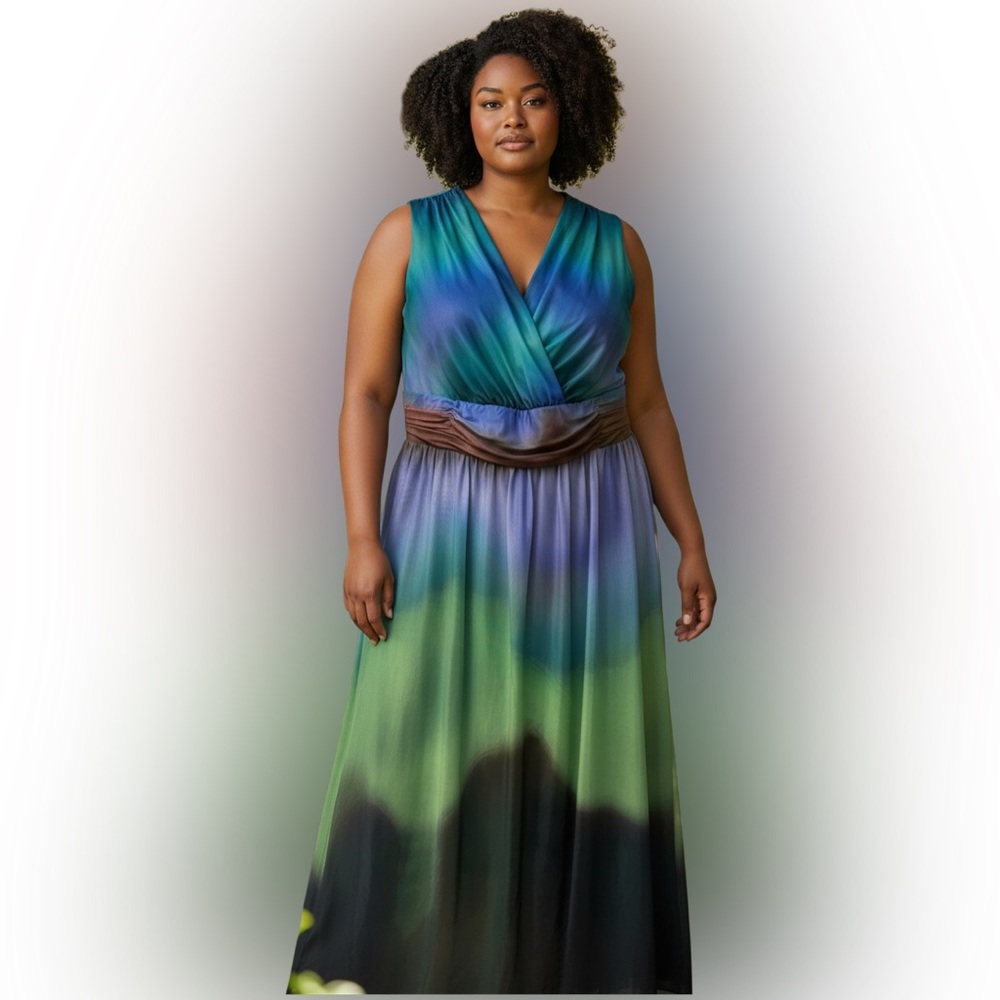 London Times Ombre Dress Size 14W Blue Green Purple Sleeveless Midi